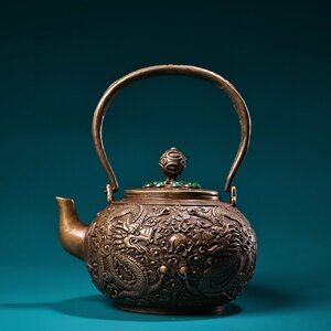 ◆古寳堂◆清 銅製 寶石嵌 龍紋 提梁茶壺 置物 賞物 極細工 古置物 古擺件 中国古美術 時代物 古董品