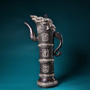 ◆古寳堂◆清 銅製 銀鍍 吉祥八寶紋 茶壺 置物 賞物 極細工 古置物 古擺件 中国古美術 時代物 古董品