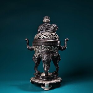◆古寳堂◆清 乾隆年製款 銅製 銀鍍 萬象熏香炉 置物 賞物 極細工 古置物 古擺件 中国古美術 時代物 古董品