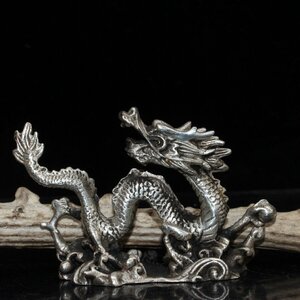 ◆古寳堂◆清 銅製 銀鍍 小白龍 置物 賞物 極細工 古置物 古擺件 中国古美術 時代物 古董品