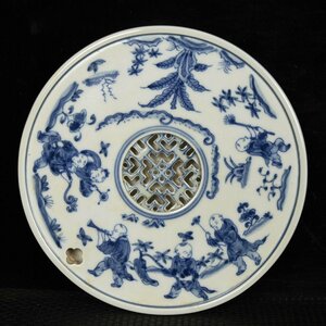 ◆古寳堂◆明 成化年製款 青花 嬰戲紋 茶盤 古陶瓷品 極細工 古置物 古擺件 中国古美術 時代物 古董品