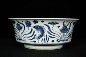 ◆古寳堂◆明 宣德年製款 青花 魚藻紋 折腰碗 古陶瓷品 極細工 古置物 古擺件 中国古美術 時代物 古董品