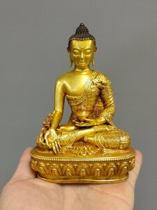 ◆古寳堂◆清 紫銅製 塗金 藥師像 仏教古美術 供養品 極細工 古置物 古擺件 中国古美術 時代物 古董品