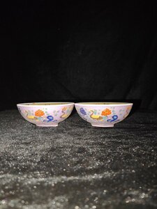 ◆古寳堂◆明 成化年製款 五彩 花鳥紋 小碗一對 古陶瓷品 極細工 古置物 古擺件 中国古美術 時代物 古董品