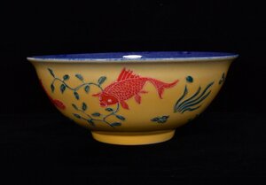 ◆古寳堂◆明 宣德年製款 霽藍 魚藻紋 供碗 古陶瓷品 極細工 古置物 古擺件 中国古美術 時代物 古董品