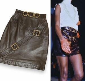 良品 ◆超レア◆ 1987 Vintage CHANEL シャネル ベルト 装飾 レザー スカート 36 ブラウン フランス製