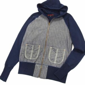 美品 定価3万円●EVISU HIDEHIKO YAMANE エヴィス ジップパーカー フーディ ヘリンボーン デニム スウェット メンズ 38 日本製 1円スタート