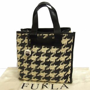 ☆FURLA フルラ レザー使い ハンドバッグ 編み込み レディース イタリア製 鞄 千鳥格子柄 保存袋付き