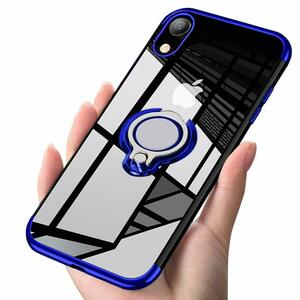 iPhone XR ケース 【ブルー】 スマホリング リング付きケース 透明 リング付きクリアケース ソフト TPU マグネット式車載ホルダー対応