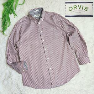 ORVIS ストライプ長袖BDシャツ・えんじ&白XLサイズ相当 USAインポート 82502