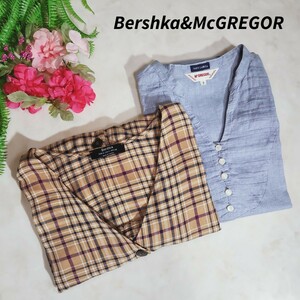 二枚セット・Bershka ゆったりデザインVネック 長袖シャツ McGREGOR シャンブレー長袖チュニックブラウス レディース 82971