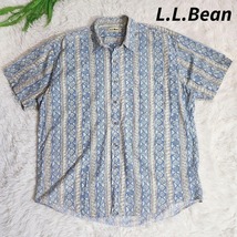 90s～ L.L.Bean エスニック総柄 半袖シャツ 青ベージュ白 表記L 実質XL以上 アメリカ古着 82343_画像1