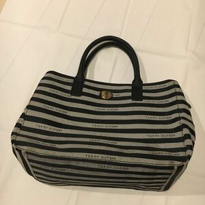 新品未使用 TOMMY HILFIGER ハンドバッグ ストライプ ナイロン レザー グレー ブラック ゴールド金具 トミー ヒルフィガー バッグ