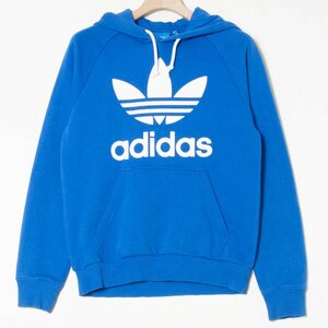 adidas アディダス パーカー フーディ プルオーバー サイズS コットン混 前面プリント 青/ブルー ユニセックス 古着 カジュアル 通年