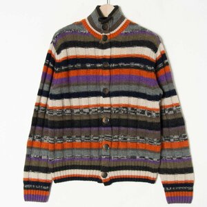 【1円スタート】新品 ETRO エトロ マルチボーダーハイネックカーディガン 長袖ニット カシミヤ100％ 紫×オレンジ XS メンズ イタリア製