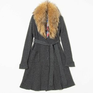 【1円スタート】SONIA RYKIEL collection ソニアリキエル ラクーンファー衿カーディガン 膝丈 裏付き アウター ウール64％ 灰色 38 秋冬