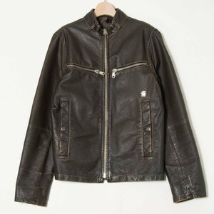 【1円スタート】G-STAR RAW ジースターロウ シングルライダースジャケット 革ジャン 豚革 アウター カジュアル クラシカル 茶色 S メンズ