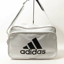 【1円スタート】adidas アディダス エナメル ビッグショルダーバッグ ホワイト 白 ブラック 黒 PU スポーツ 部活 トレーニング 大容量 bag_画像1