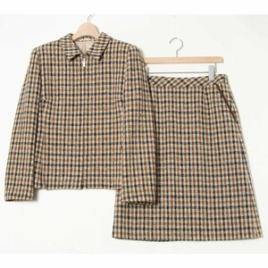 【1円スタート】Aquascutum アクアスキュータム チェック柄セットアップ ステンカラージャケット 肩パッド 膝丈スカート 秋冬 ベージュ 11