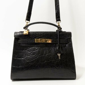 【1円スタート】Mulberry マルベリー 英国製 2way ショルダーバッグ ハンドバッグ クロコダイル型押し ブラック レザー ターンロック 鞄