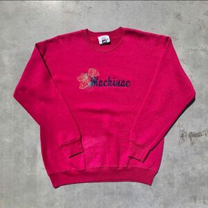 90s Lee Mackinac マキノー島 ヘビーウェイト 刺繍ロゴ スウェット トレーナー XLサイズ 濃いピンク アメリカ製