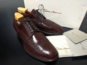 極美品 使用僅か サントーニ 7 Santoni ウィングチップ バーガンディ セミブローグ ドレスシューズ 箱付 8185