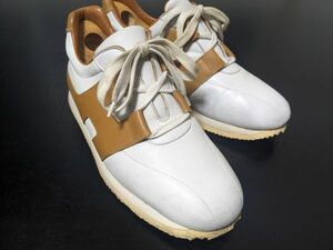 美品 使用回数少 エルメス 40 HERMES ライトブラウン×オフホワイト レザースニーカー クイック 8077