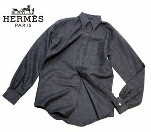 国内正規品 HERMES MENS シルク混 ウール長袖ボタンダウンシャツ エルメス SILK×WOOL L/S SHIRT ドレス ビジネス グレー 14/36 JK-16