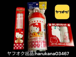 未使用 当時物 レトロ 希少　 Hello Kitty ハローキティ　 ストローホッパー 水筒/おしぼりセット タオル/ストロー　 3点 サンリオ 1995年