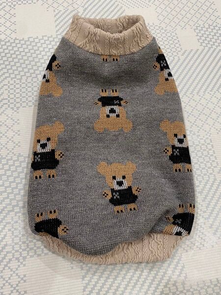 くまさん柄ジャガードニット×メルトンフリース ハンドメイド犬服 小型犬用 冬服