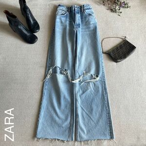 ZARA デニムパンツ　クラッシュデニム　レディース38サイズ　ザラ　大人可愛い　ジーンズ　ジーパン　ボトムス　ライトブルー　美品