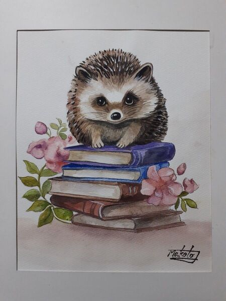 水彩画 可愛いハリネズミ