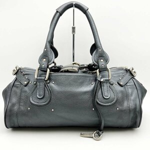 Chloe クロエ ハンドバッグ ショルダーバッグ パディントン グレー メタリック レザー カデナ 南京錠 シルバー金具 レディース USED