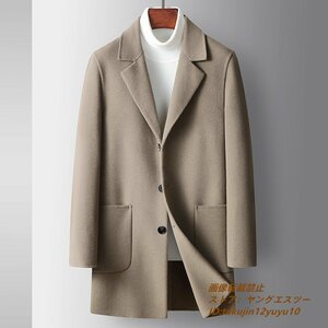 15万 超美品ウールコート*ビジネスコート メンズコート 新品 ロングコート 高級 セレブ*WOOL 紳士スーツ 秋冬 ジャケット 上品 カーキ 3XL