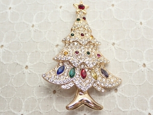 L033　ヴィンテージ ブローチ ツリーデザイン クリスマス ラインストーン マルチカラー Vintage brooch