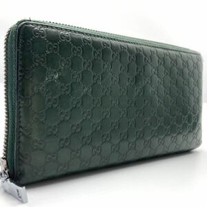 1円~/希少カラー● GUCCI グッチ 長財布 ウォレット ラウンドファスナー ジップ GG マイクロシマ グリーン レザー ビジネス 