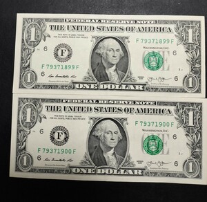 アメリカ 1ドル 紙幣 2013年シリーズ 連番 2枚