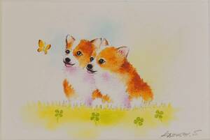 可愛い犬の画家 坂本カズシ額付ミニアート「ブラザー 子犬のコーギー」 生産終了品、在庫限りです。, 美術品, 絵画, その他