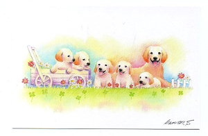 Art hand Auction 可愛い犬の画家 坂本カズシ額付ミニアート｢レトリバーの家族｣ 生産終了品, 在庫限りです｡, 美術品, 絵画, その他