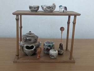 稀少！ミニチュア陶製茶道具　竹台子　ドールハウス　雛道具