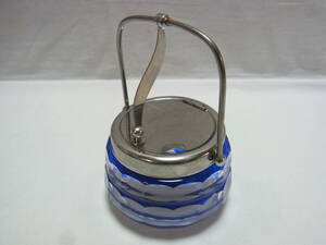 * sugar pot .. cut . blue glass made goods stainless steel sugar inserting Showa Retro table supplies tea utensils kitchen miscellaneous goods tea goods *60