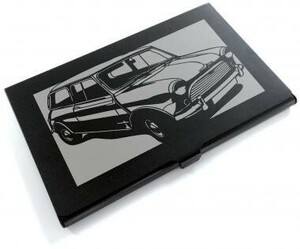 ブラックアルマイト「BMC モーリス ミニ マイナー MK1」切り絵デザインのカードケース[CC-103]