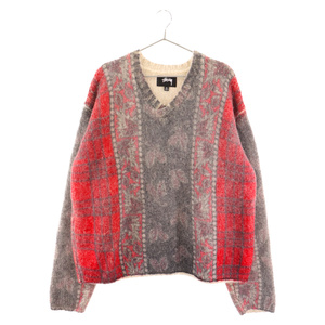 STUSSY ステューシー MIXED PRINT ALPACA SWEATER Vネック ニットセーター アルパカニット グレー/レッド