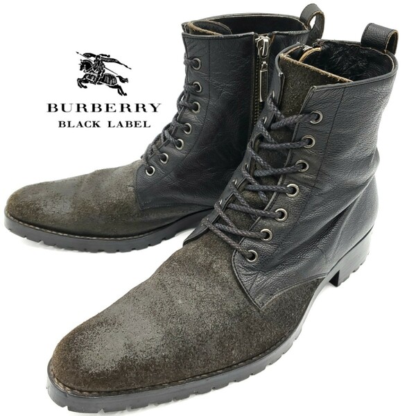 廃番品★BURBERRY BLACK LABEL★約25cmレザーサイドジップブーツ黒メンズ1EE本革バーバリーブラックレーベル本皮レースアップ革靴 SZS54