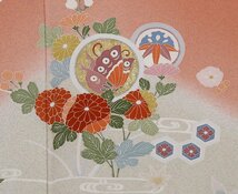 訪問着 袷 正絹 サーモンピンク 薄赤紫 黄緑 絞り 桜 紅葉 丸文 宝尽くし 蝶 松竹梅 橘 桐 Lサイズ ki28899 美品 ほうもんぎ 送料込み_画像7