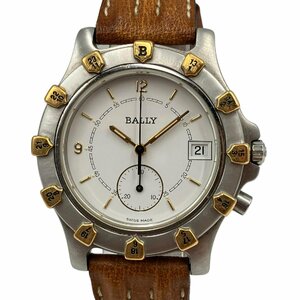 BALLY バリー ラウンド デイト スモセコ クォーツ 白文字盤 回転ベゼル 社外革ベルト 稼動未確認 腕時計 43.06