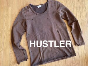 HUSTLER ハスラー / Tシャツ 長袖/ レトロ アメカジ ダメージ加工/ ロンT/ メンズ ブラウン/ サイズM程度