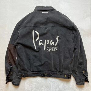 【圧巻のデザイン/美品】Papas パパス ブラック デニム ジャケット エルボーパッチ ロゴプリント 大きめのサイズ 黒 切り替え の画像1