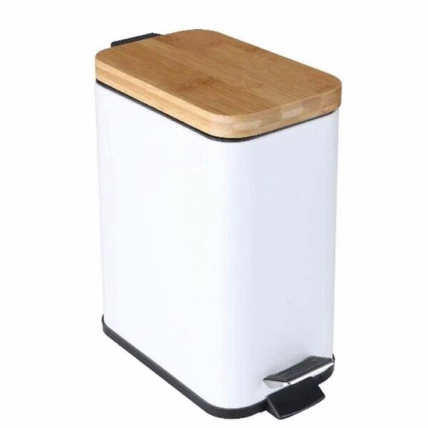 22-1 ゴミ箱 竹ふた 金属ゴミ箱 高容量 缶のための 廃棄物 箱 貯蔵バケツ (Color : White)5L