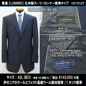 9525春夏【Zegna×LONNER】日本製スーツ42L=BE3/T160W90濃紺系マイクロチェック/ゼニアCoolEffect生地/標準/143000円/ロンナーアウトレット